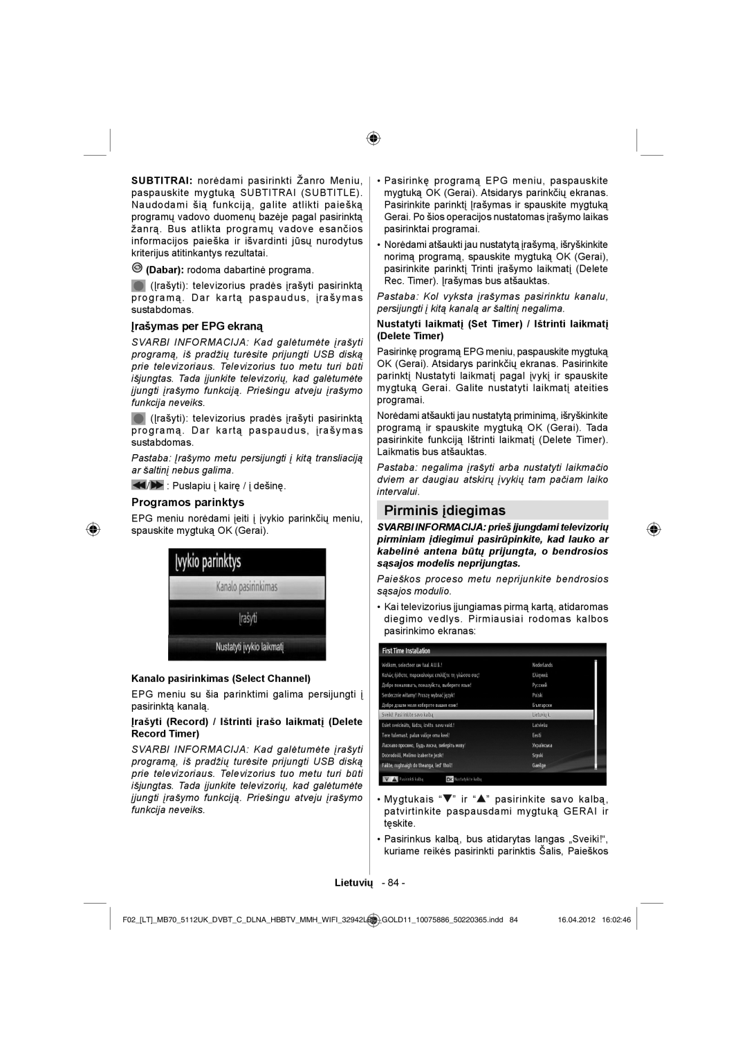 Sharp LC-32LE340E Pirminis įdiegimas, Įrašymas per EPG ekraną, Programos parinktys, Puslapiu į kairę / į dešinę 