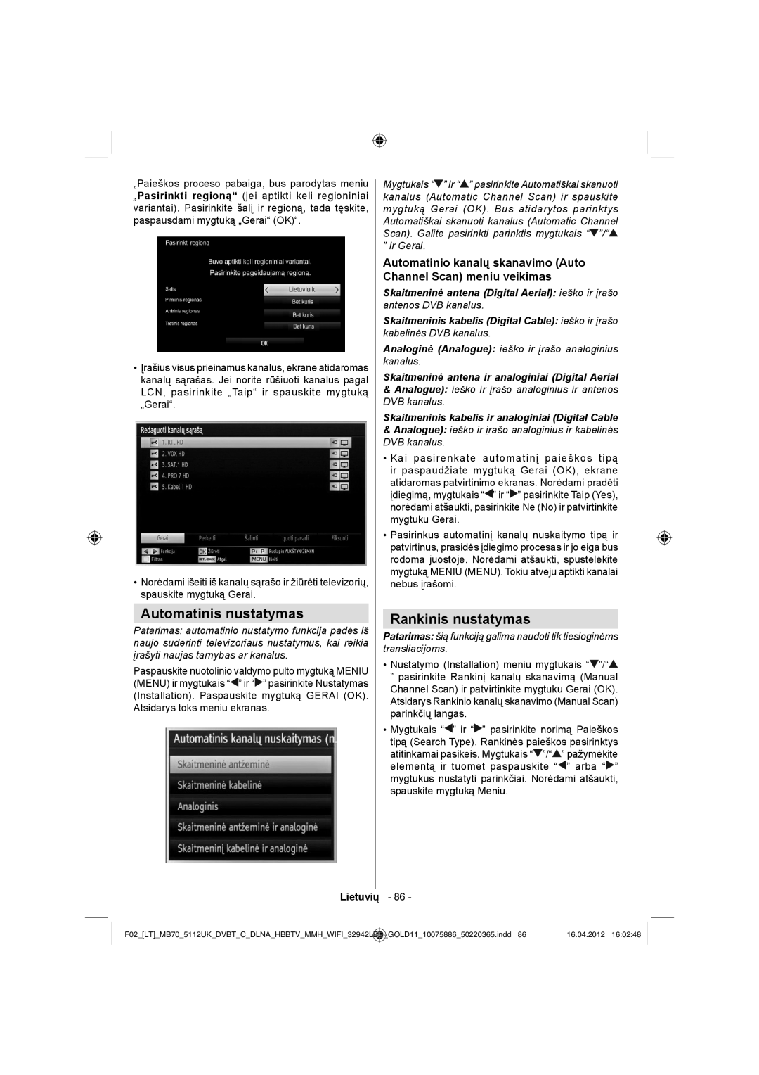 Sharp LC-32LE340E operation manual Automatinis nustatymas, Rankinis nustatymas 