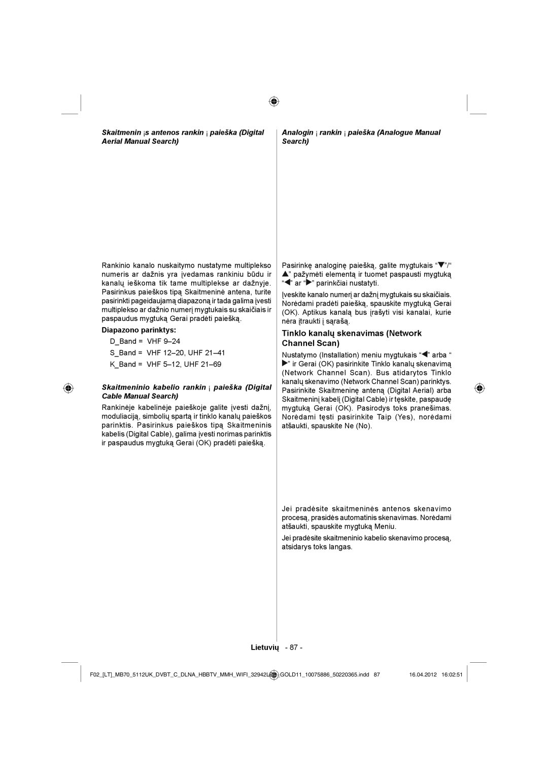 Sharp LC-32LE340E operation manual Tinklo kanalų skenavimas Network Channel Scan, Diapazono parinktys 