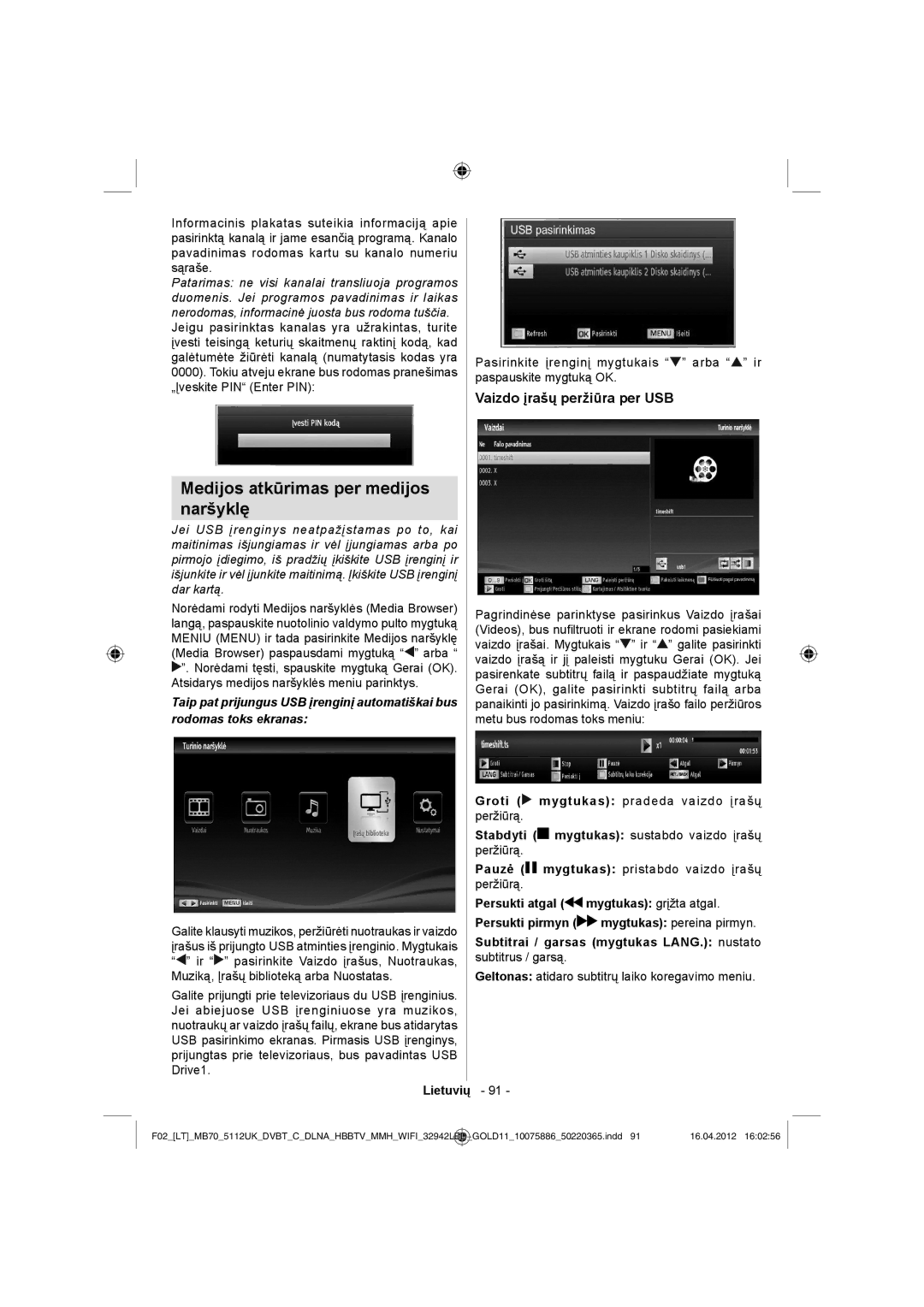 Sharp LC-32LE340E operation manual Medijos atkūrimas per medijos Naršyklę, Vaizdo įrašų peržiūra per USB 