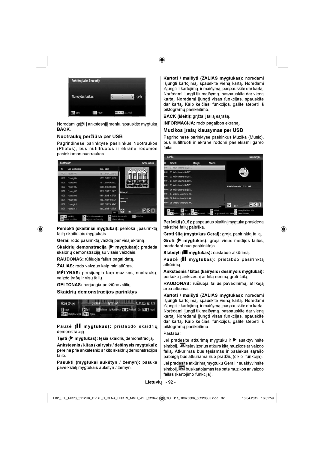 Sharp LC-32LE340E Nuotraukų peržiūra per USB, Skaidrių demonstracijos parinktys, Muzikos įrašų klausymas per USB 