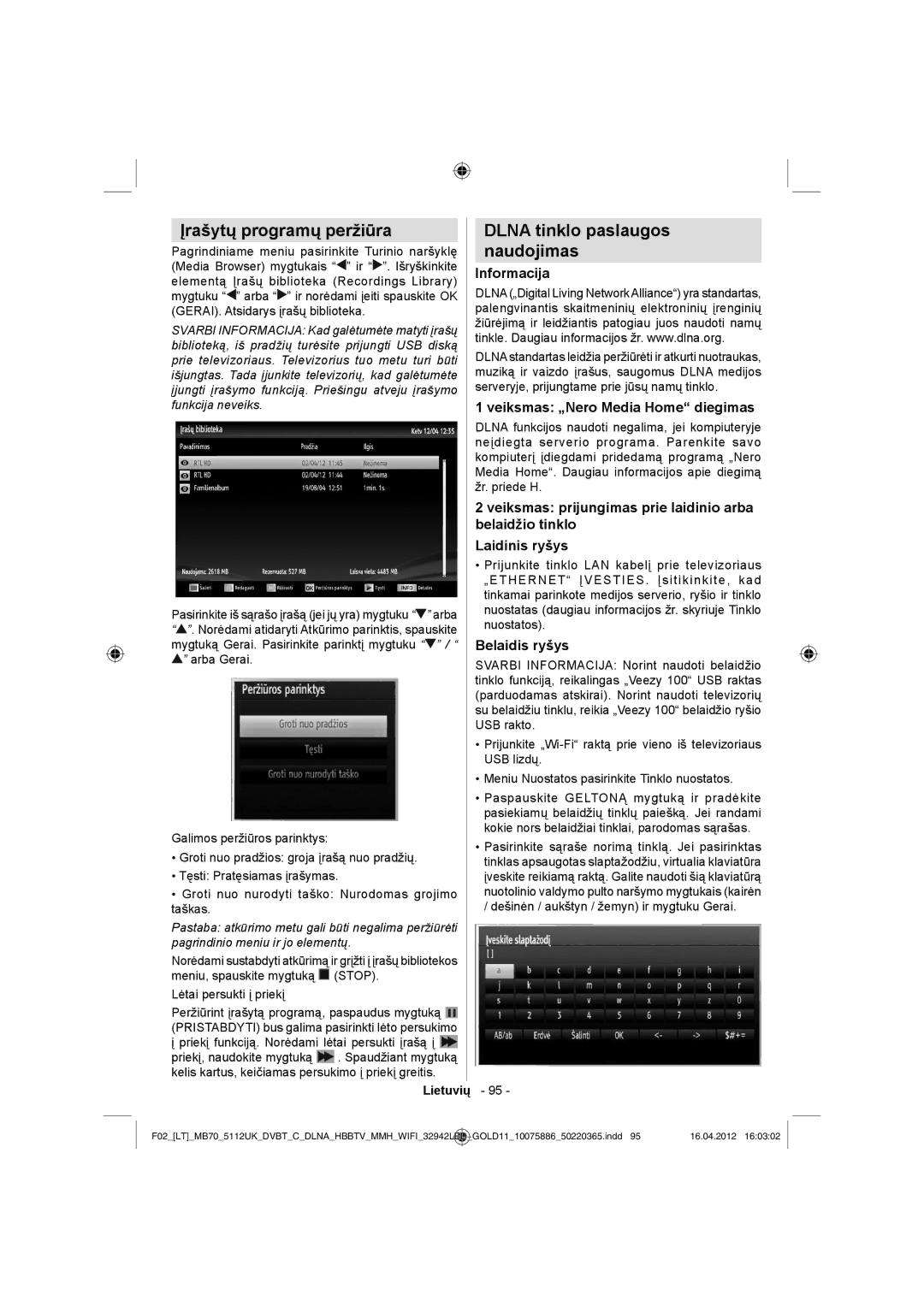 Sharp LC-32LE340E operation manual Įrašytų programų peržiūra, Dlna tinklo paslaugos Naudojimas, Informacija, Belaidis ryšys 