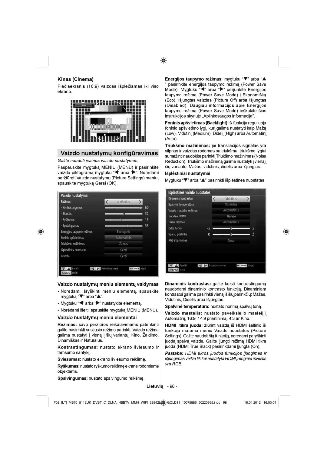 Sharp LC-32LE340E operation manual Vaizdo nustatymų konﬁgūravimas, Kinas Cinema, Vaizdo nustatymų meniu elementų valdymas 