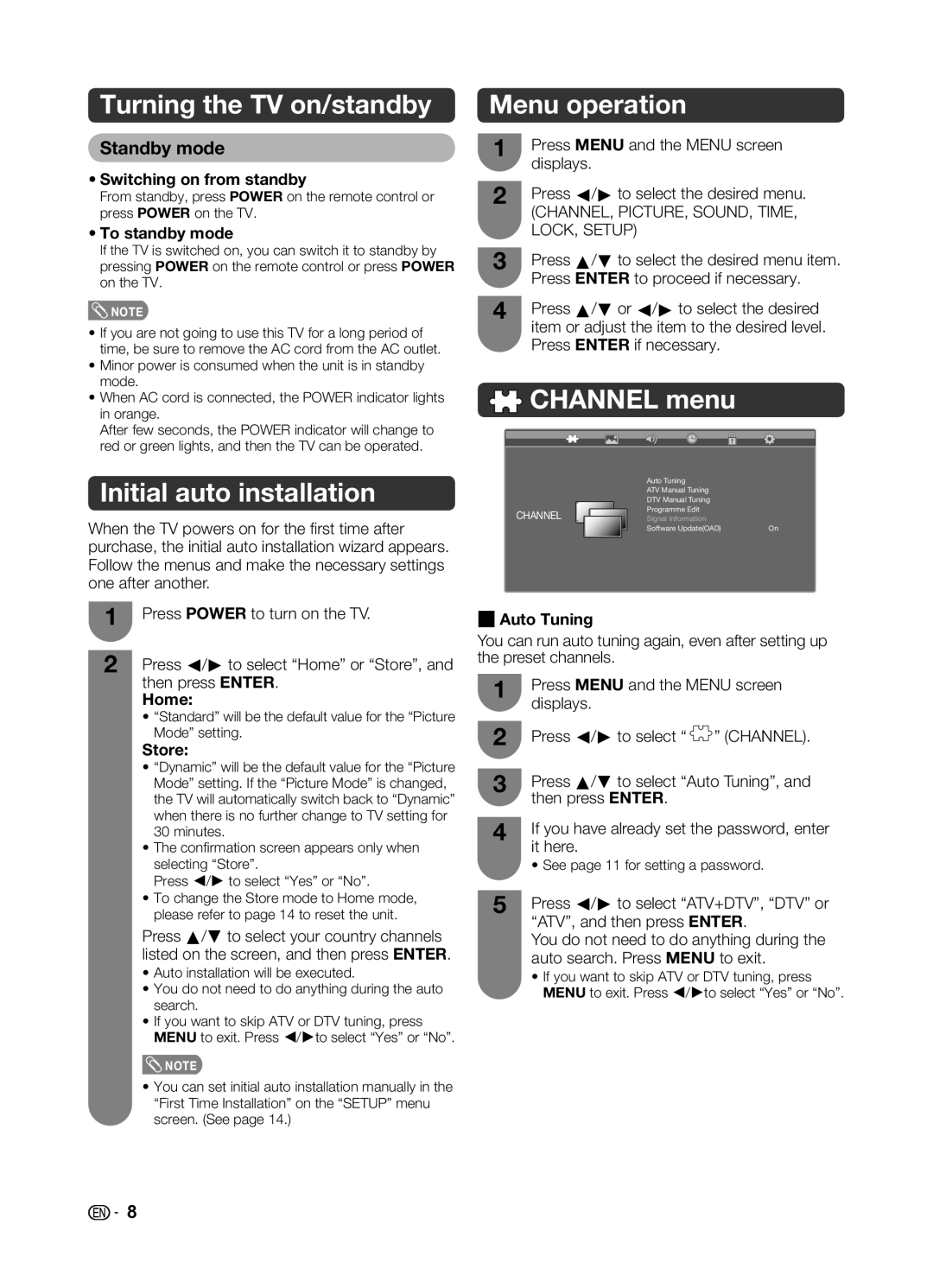 Sharp LC-32LE345X Turning the TV on/standby, Menu operation, Channel menu Initial auto installation, Standby mode 