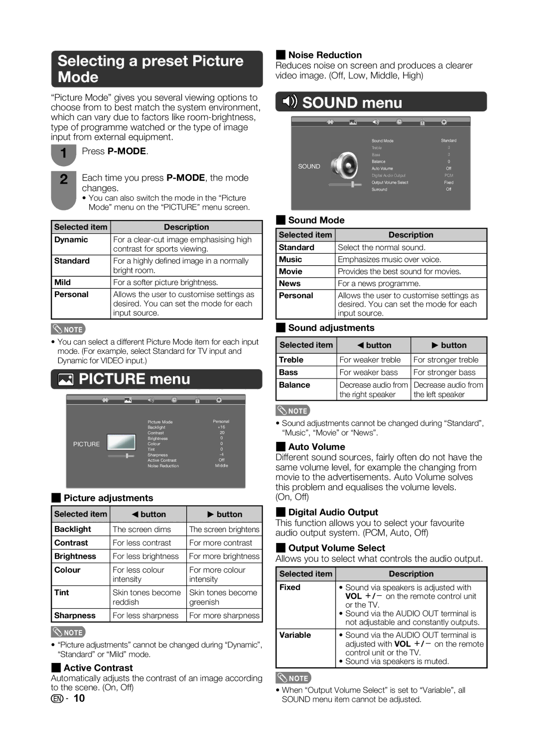 Sharp LC-32LE345X operation manual Selecting a preset Picture Mode, Picture menu, Sound menu 