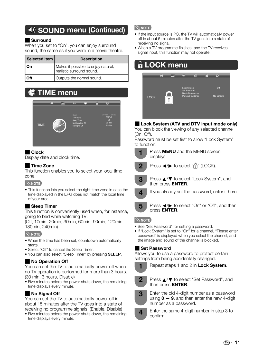 Sharp LC-32LE345X operation manual Time menu, Lock menu 