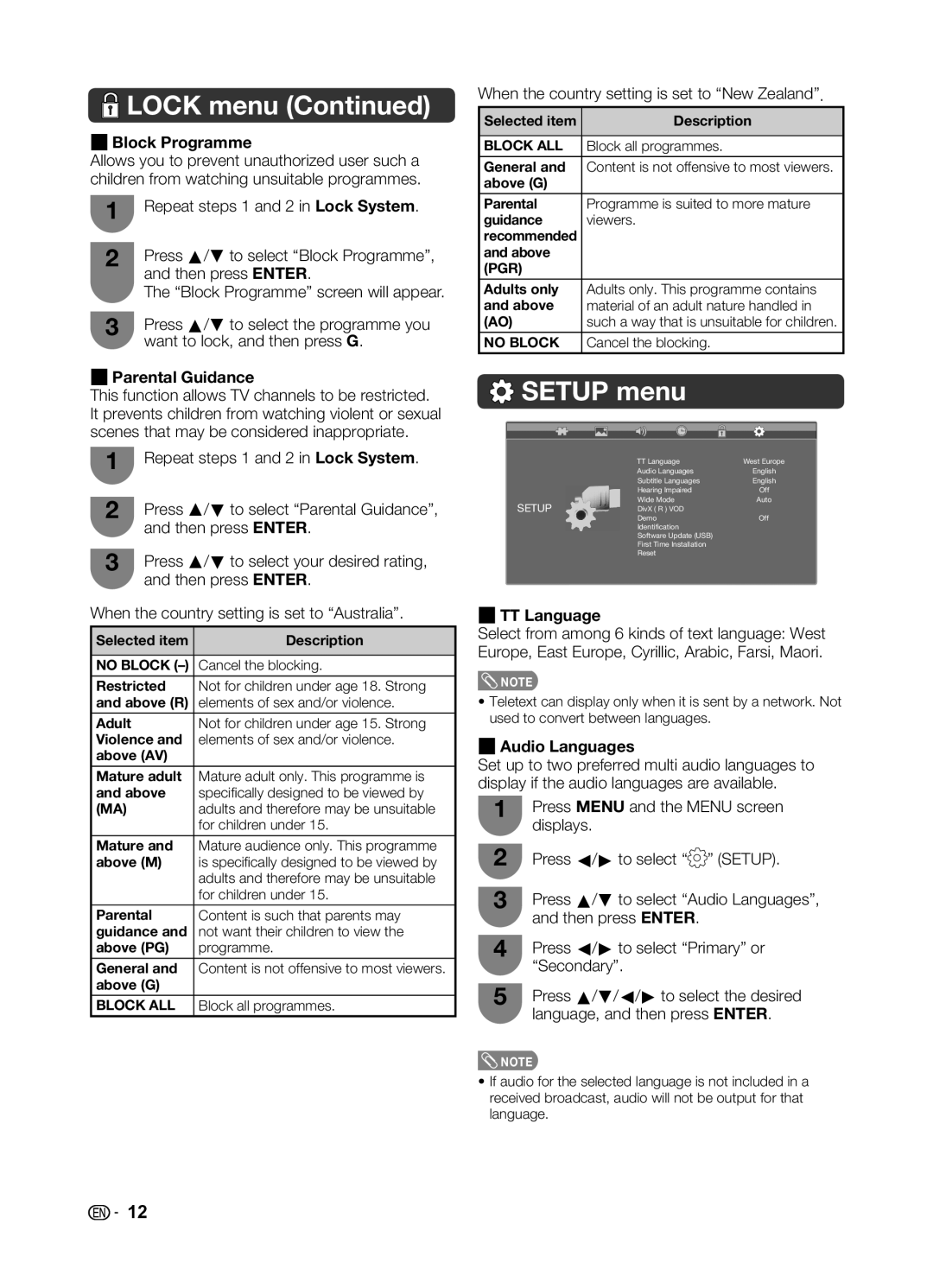 Sharp LC-32LE345X operation manual Setup menu, Block Programme, Parental Guidance, TT Language, Audio Languages 