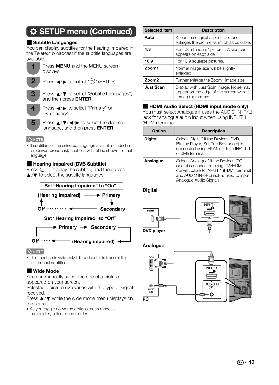 Sharp LC-32LE345X Subtitle Languages, Hearing Impaired DVB Subtitle, Set Hearing Impaired to On Hearing impaired Primary 