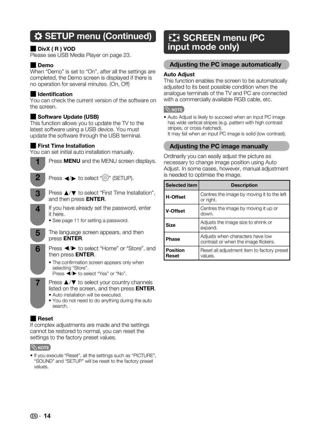 Sharp LC-32LE345X Screen menu PC input mode only, Adjusting the PC image automatically, Adjusting the PC image manually 