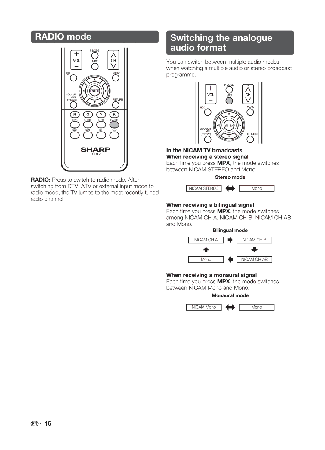 Sharp LC-32LE345X Radio mode, Switching the analogue audio format, Nicam TV broadcasts When receiving a stereo signal 