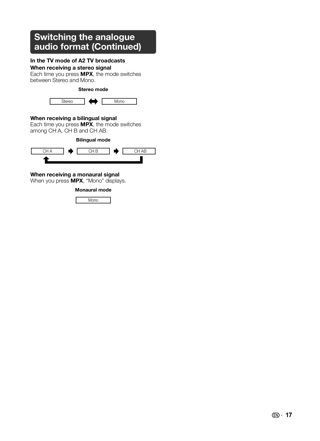 Sharp LC-32LE345X operation manual TV mode of A2 TV broadcasts When receiving a stereo signal 