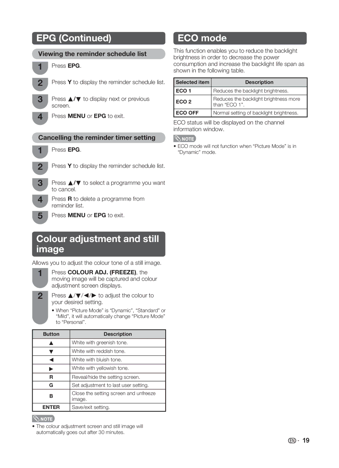 Sharp LC-32LE345X operation manual Epg, ECO mode, Colour adjustment and still image, Viewing the reminder schedule list 