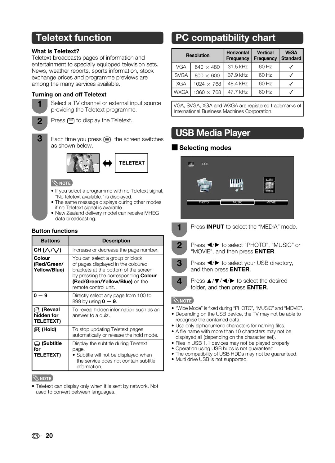 Sharp LC-32LE345X operation manual Teletext function, PC compatibility chart, USB Media Player, Selecting modes 