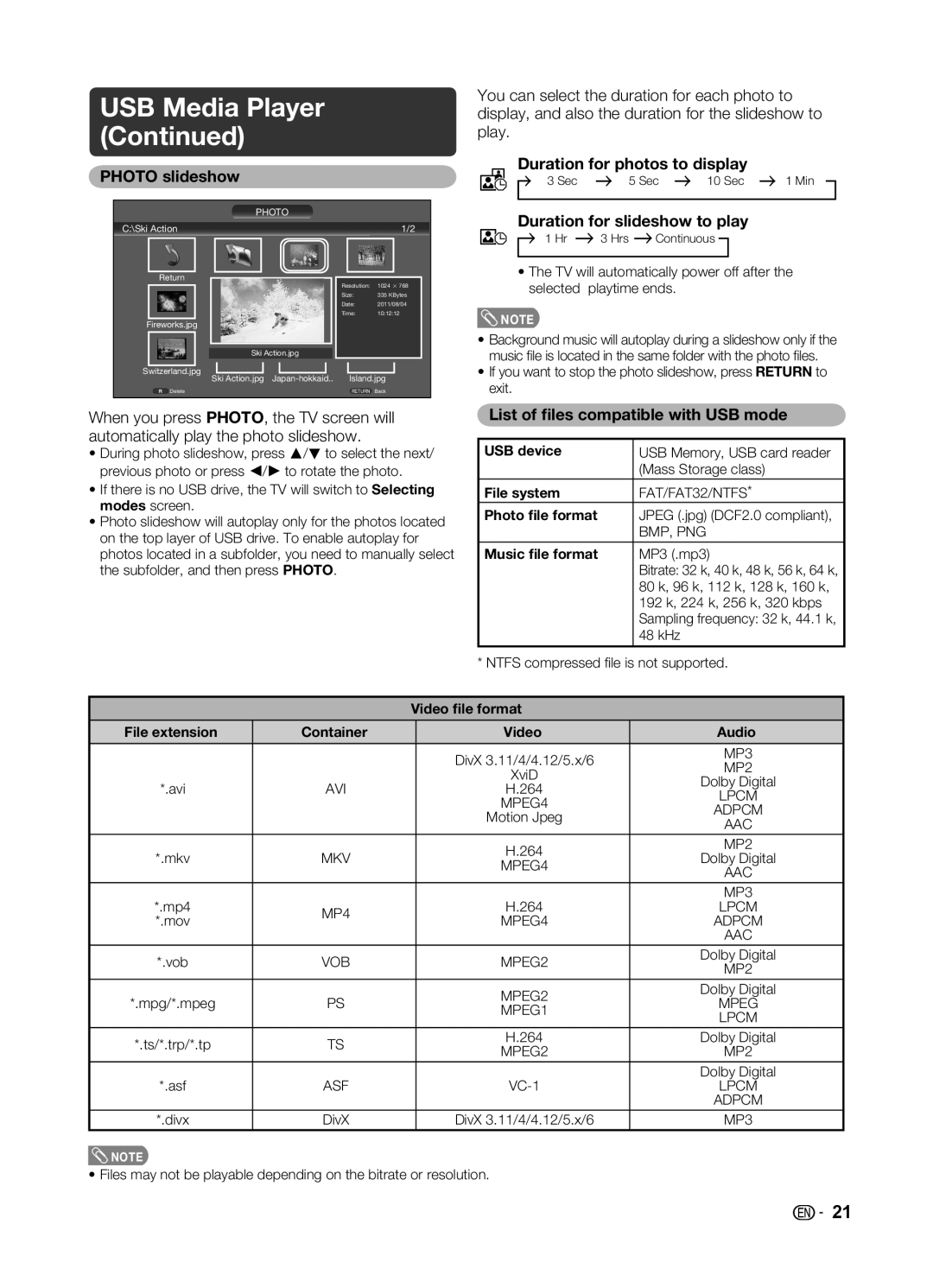 Sharp LC-32LE345X operation manual Photo slideshow, Duration for photos to display, Duration for slideshow to play 