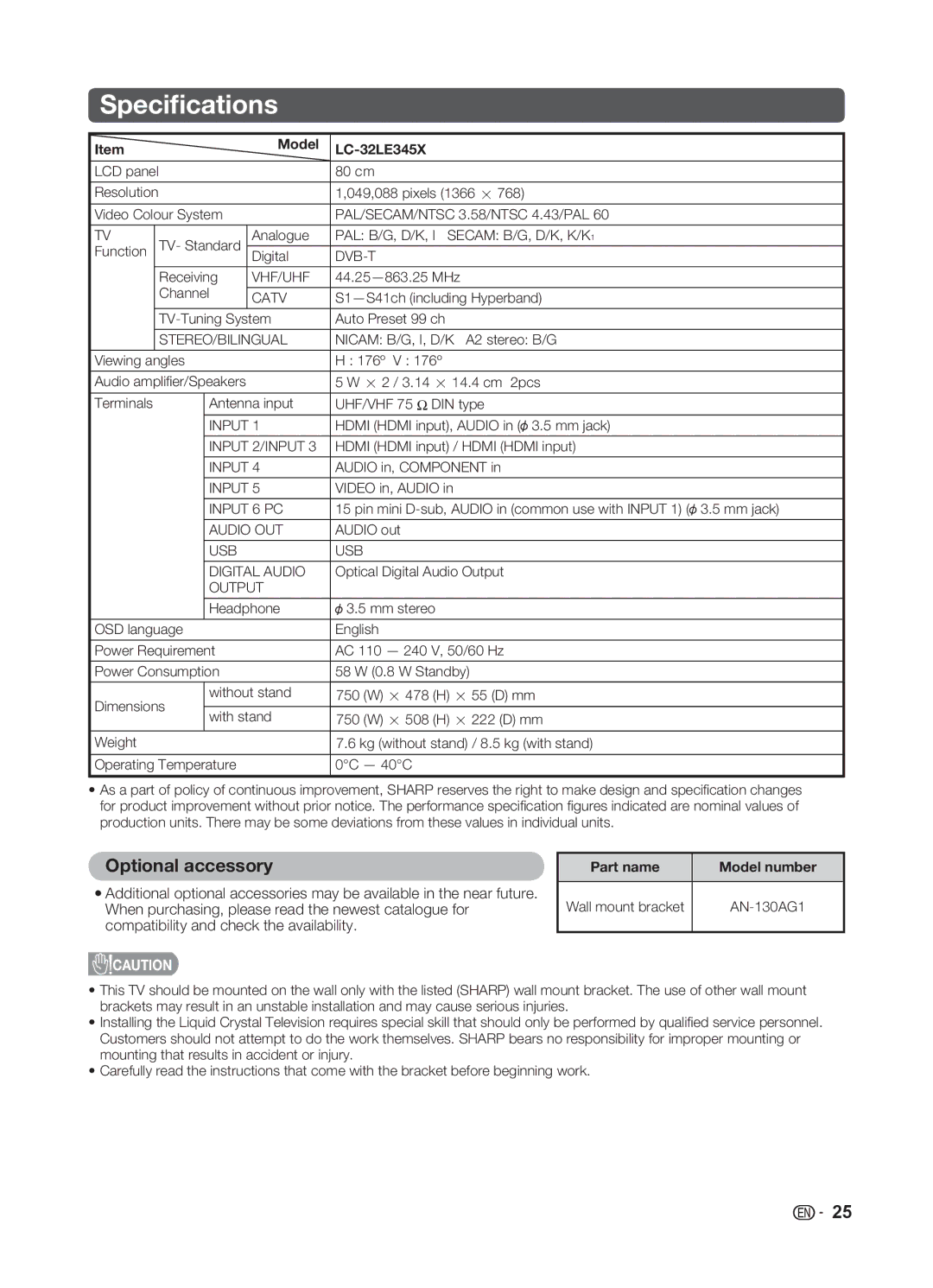 Sharp operation manual Speciﬁcations, Optional accessory, Model LC-32LE345X, Part name Model number, AN-130AG1 