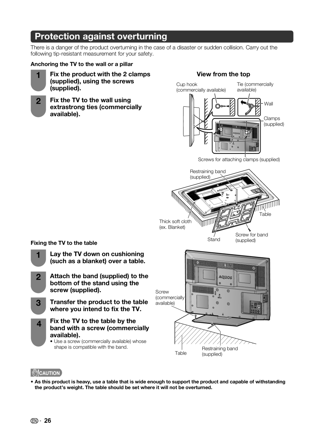 Sharp LC-32LE345X Protection against overturning, View from the top, Anchoring the TV to the wall or a pillar 