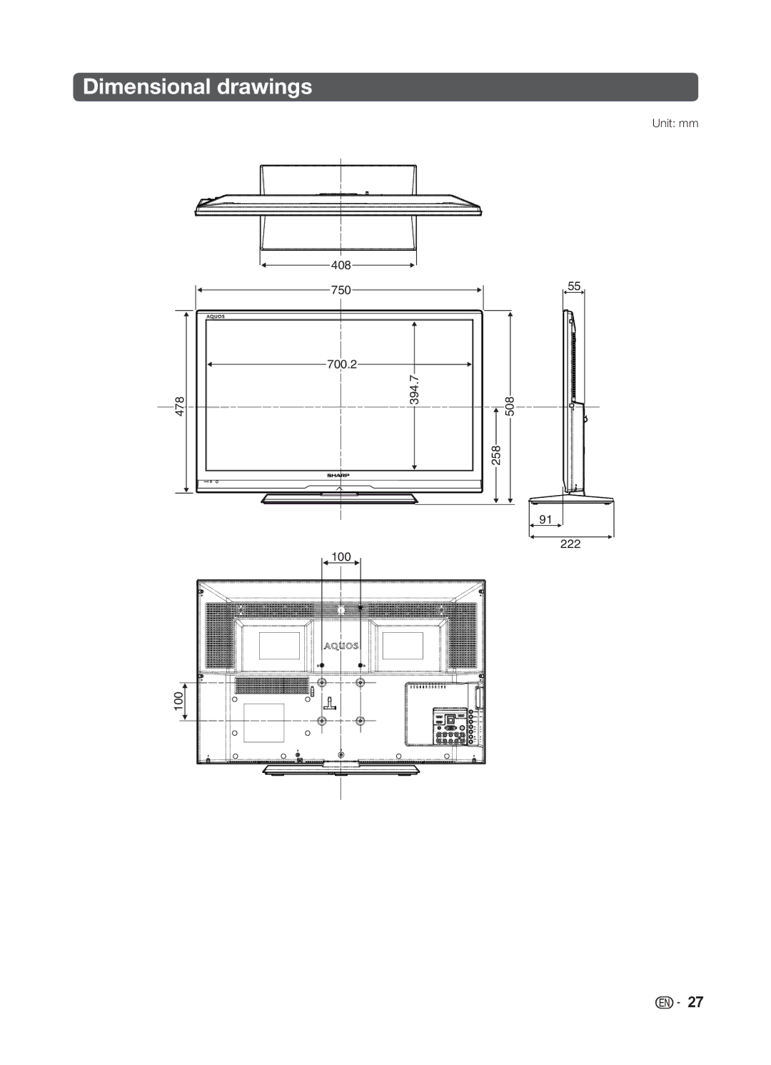 Sharp LC-32LE345X operation manual Dimensional drawings 