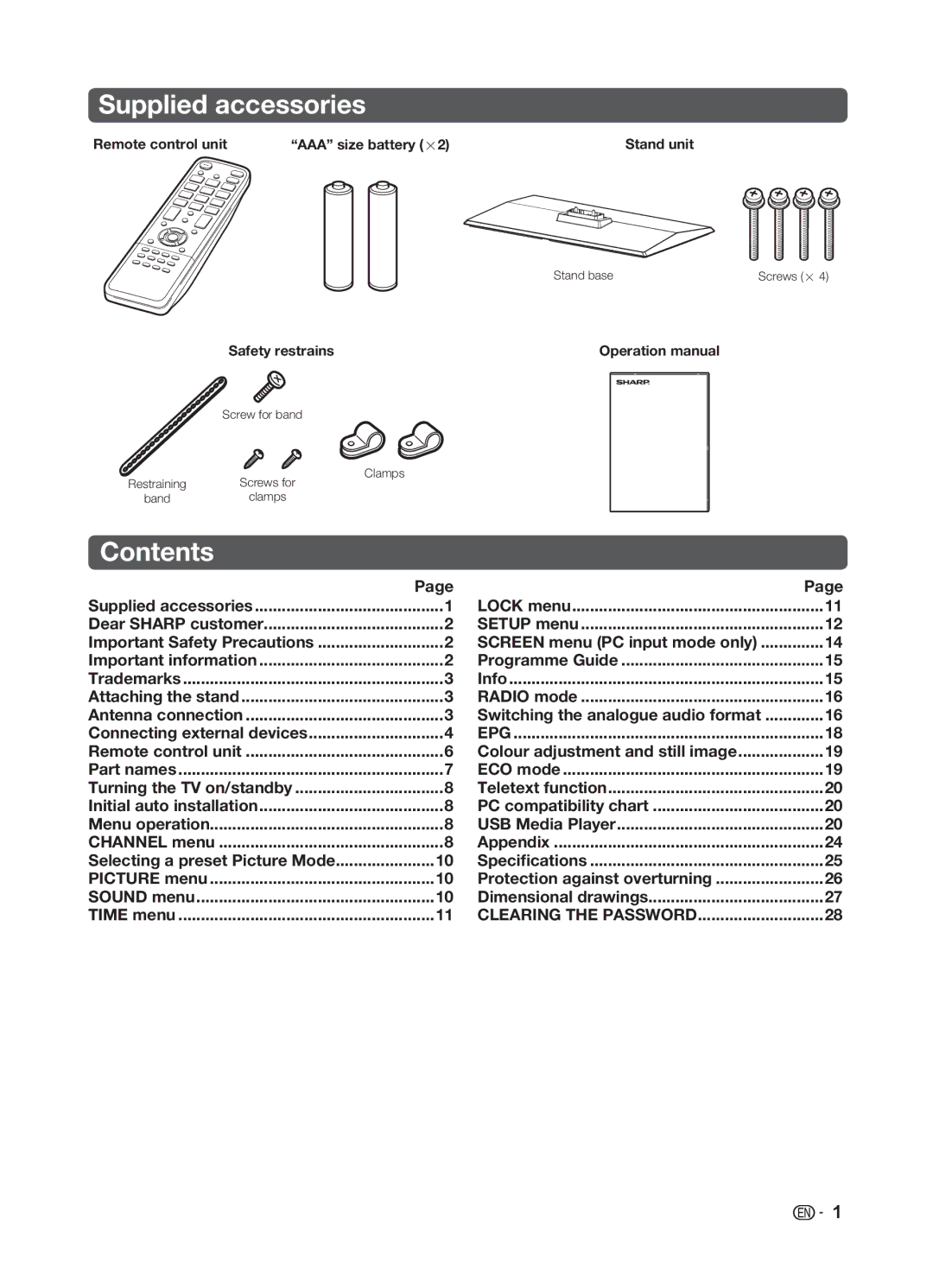 Sharp LC-32LE345X operation manual Supplied accessories, Contents 