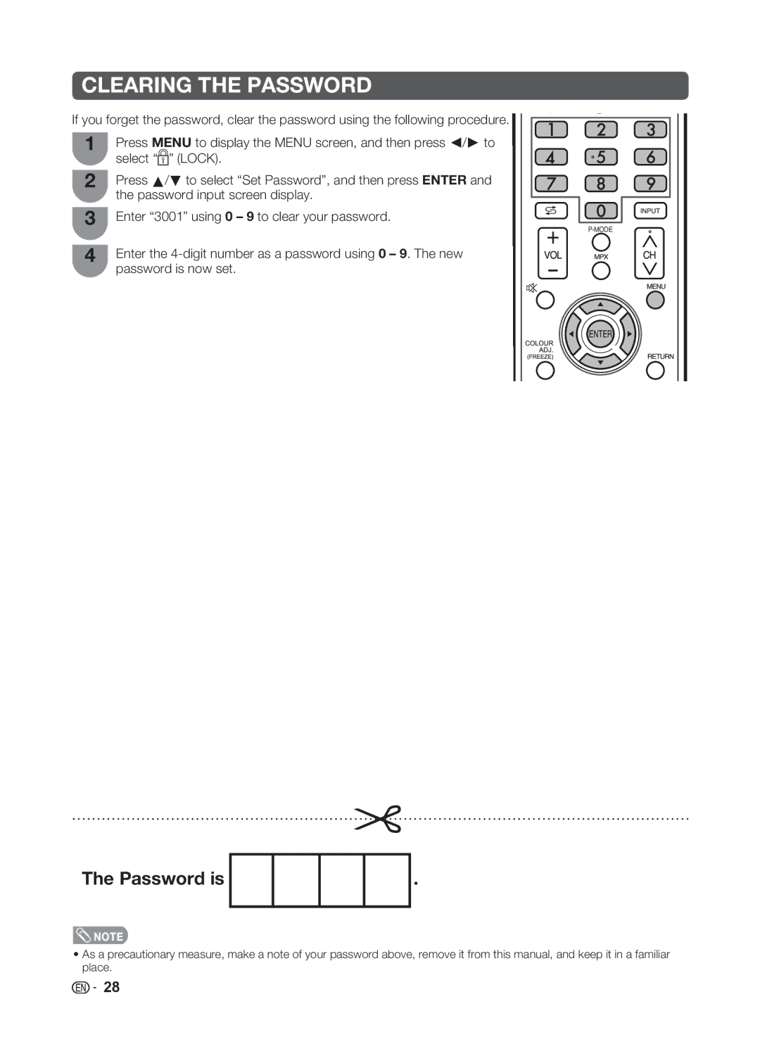 Sharp LC-32LE345X operation manual Enter the 4-digit number as a password using 0 9. The new, Password is now set 