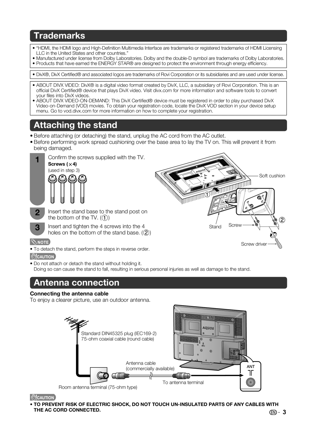 Sharp LC-32LE345X operation manual Trademarks, Attaching the stand, Antenna connection, Connecting the antenna cable 