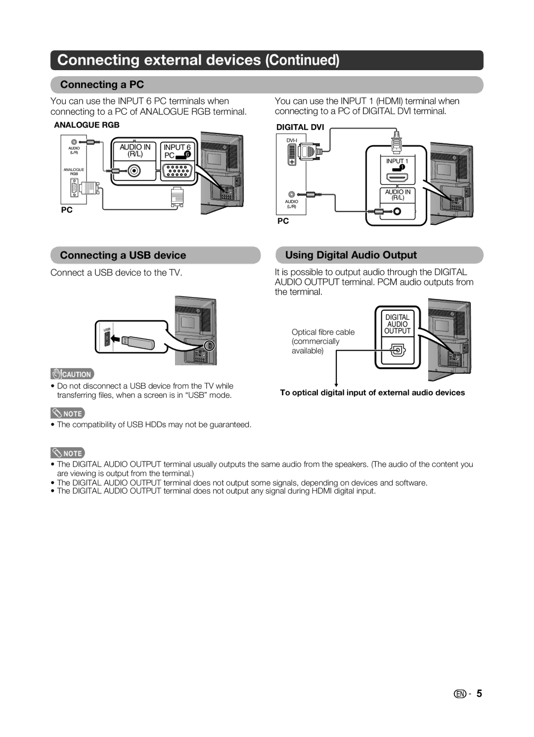 Sharp LC-32LE345X Connecting a PC, Connecting a USB device, Using Digital Audio Output, Connect a USB device to the TV 