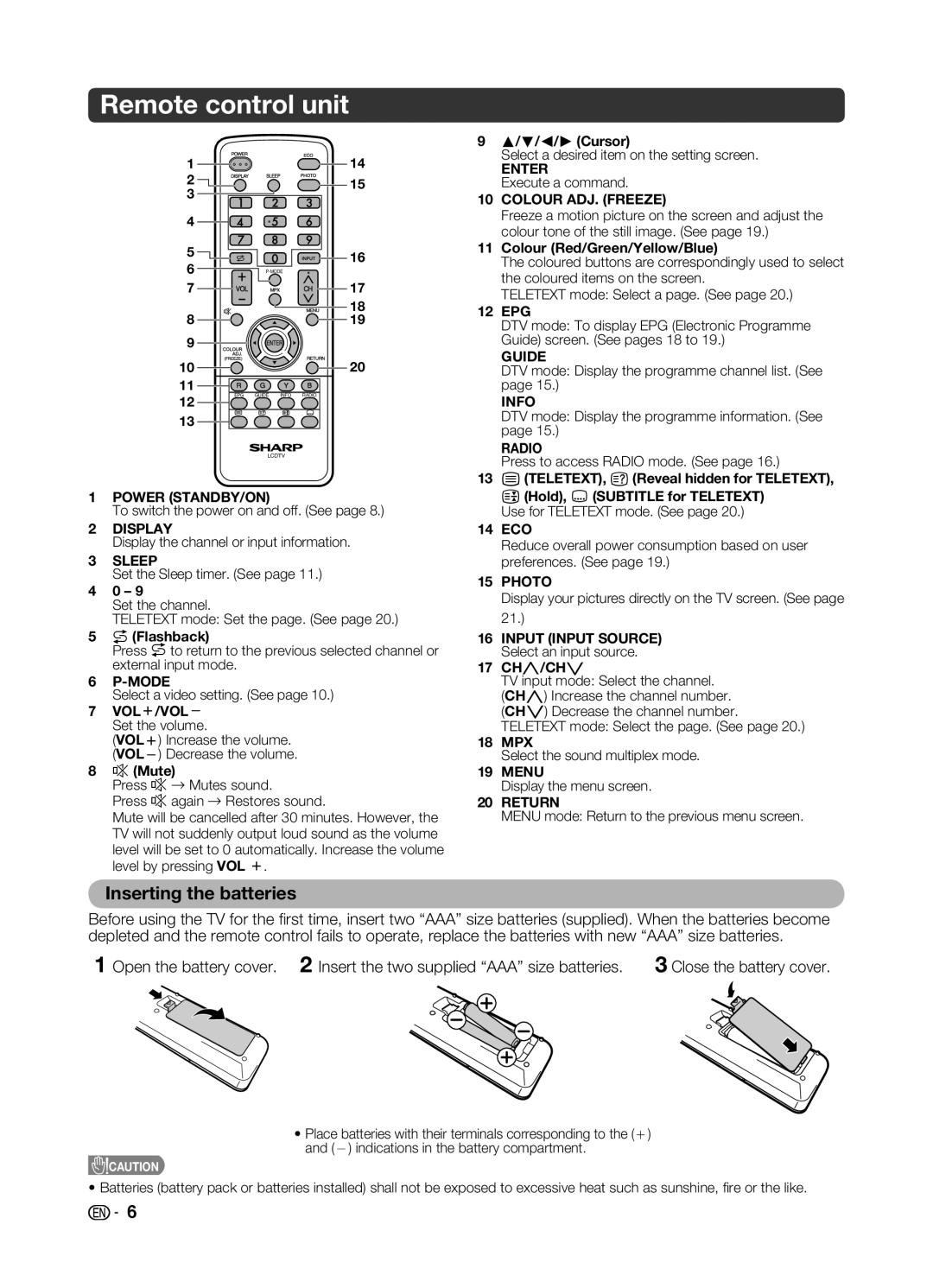 Sharp LC-32LE345X operation manual Remote control unit, Inserting the batteries 