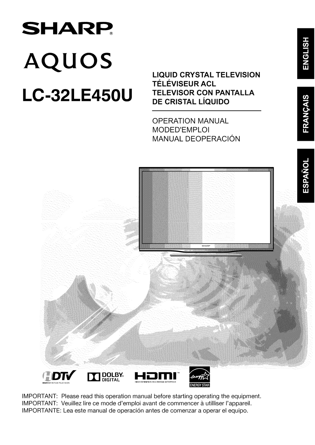 Sharp LC32LE450U, LC-32LE450U operation manual Aquos, Digital 