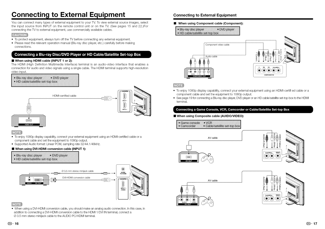 Sharp LC-32LE450U, LC32LE450U operation manual Connectin l to External Equipment, Connecting to External Equipment 