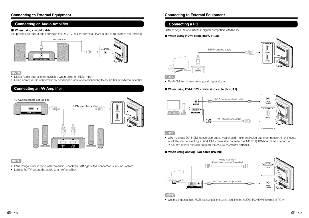 Sharp LC32LE450U When using coaxial cable, When using Hdmi cable INPUT1, When using DVI-HDMI conversion cable INPUT1 