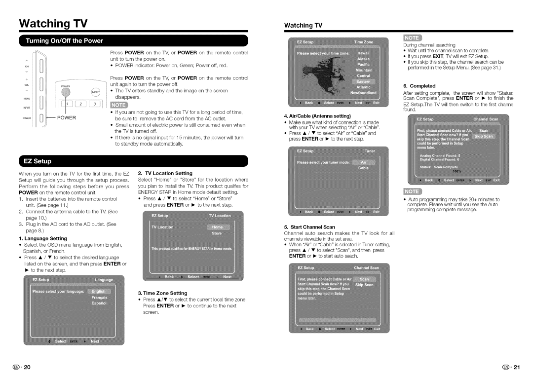 Sharp LC-32LE450U, LC32LE450U operation manual Watching TV, Air/Cable Antenna setting, Language Setting 