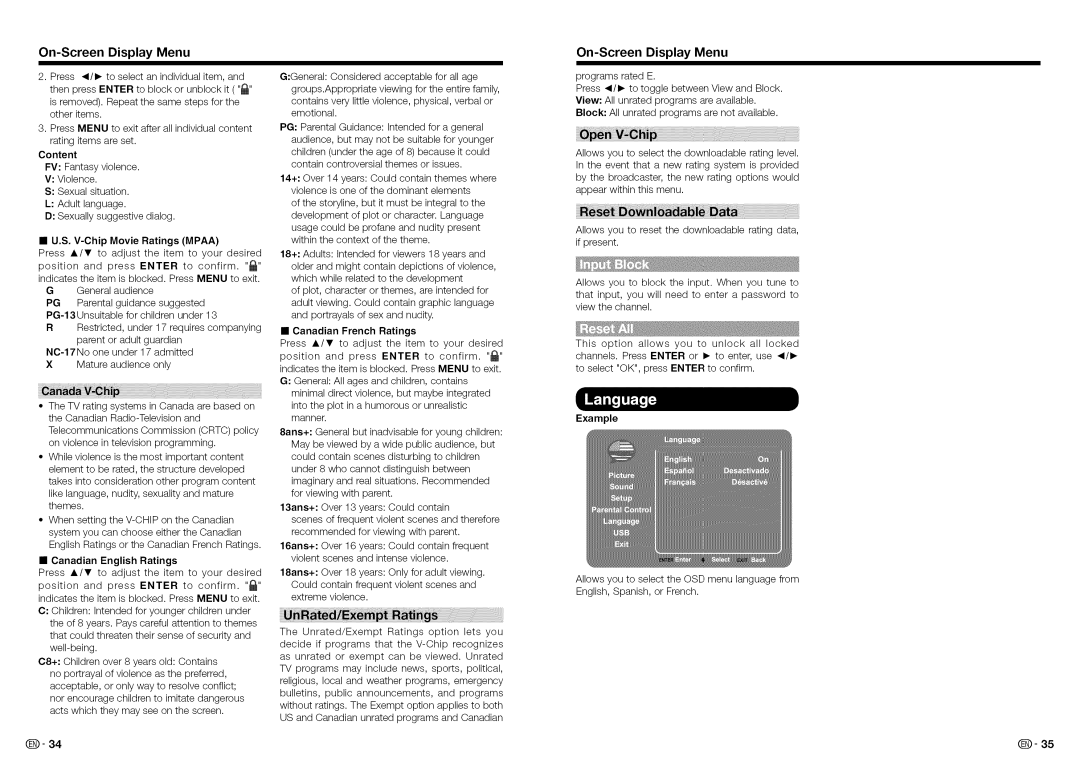 Sharp LC32LE450U, LC-32LE450U Content, V-Chip Movie Ratings Mpaa, Canadian English Ratings, Canadian French Ratings 