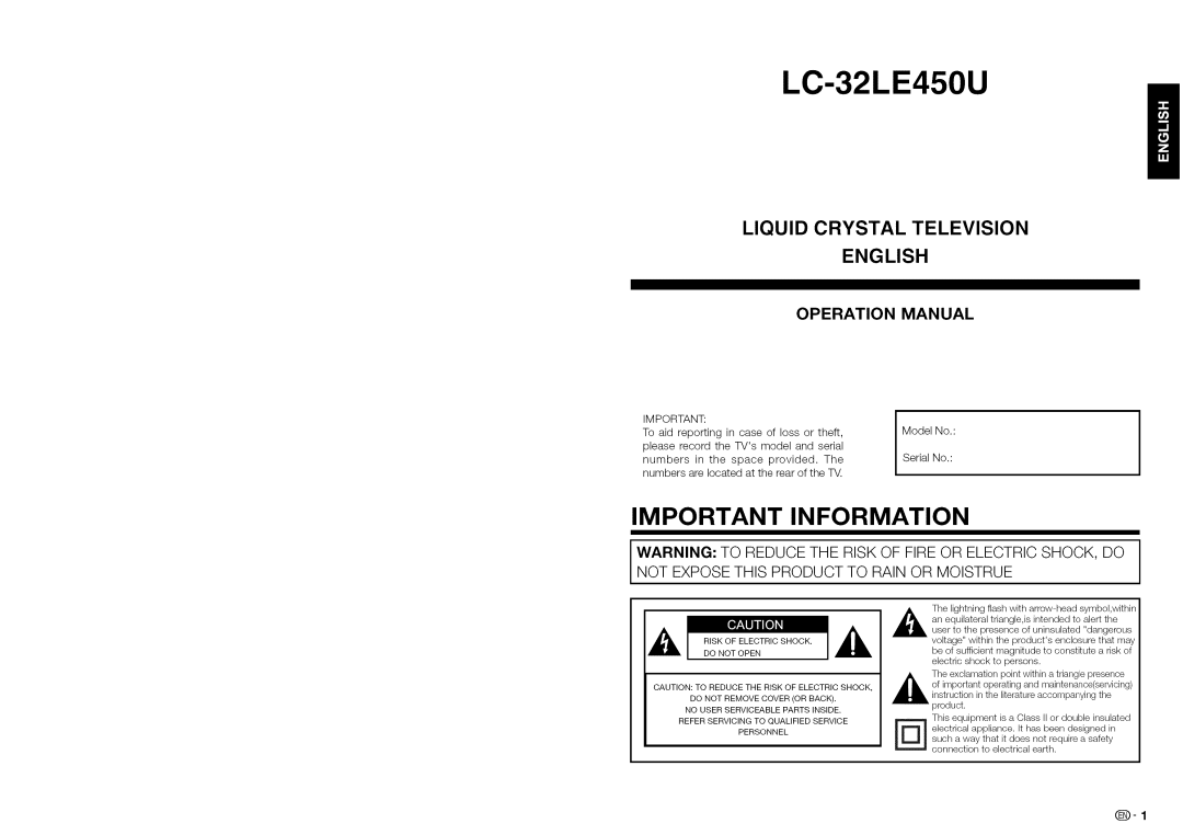 Sharp LC-32LE450U, LC32LE450U operation manual Important Information 