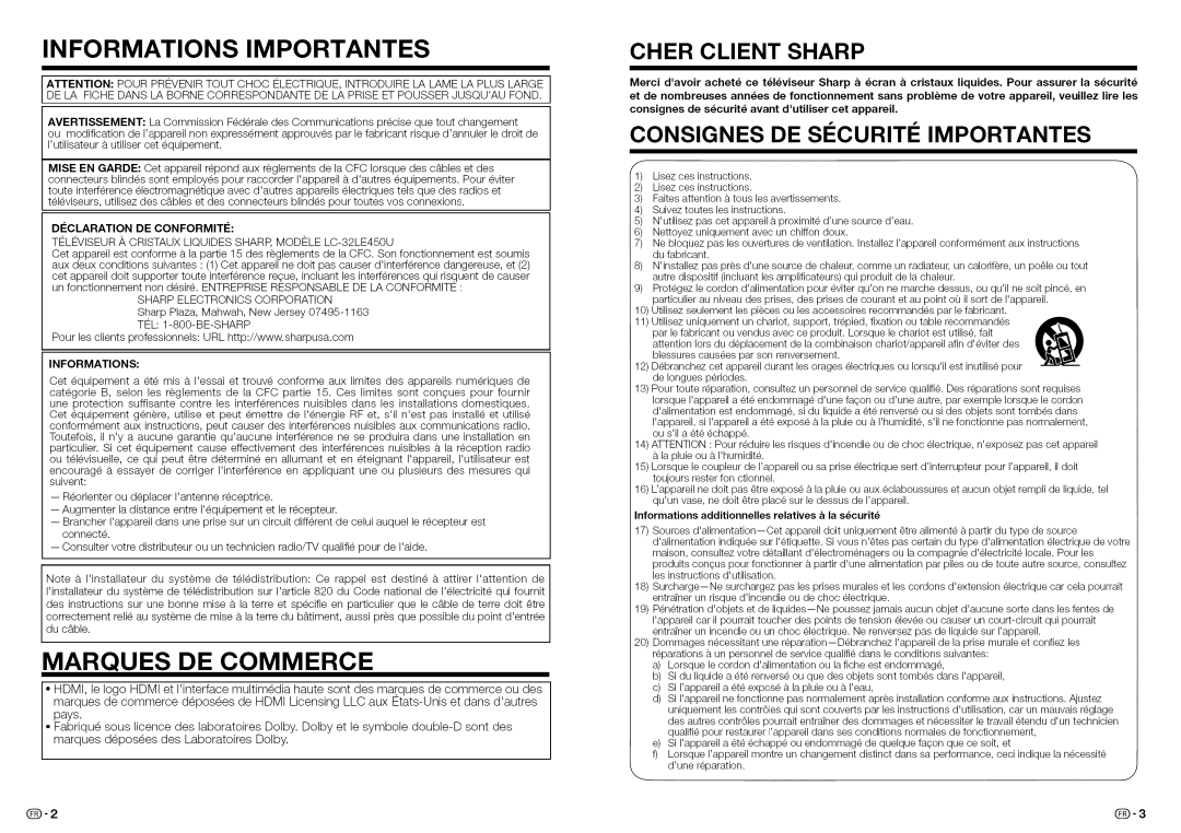 Sharp LC-32LE450U, LC32LE450U operation manual Marques DE Commerce, DItCLARATION DE CONFORMITIt, Informations 