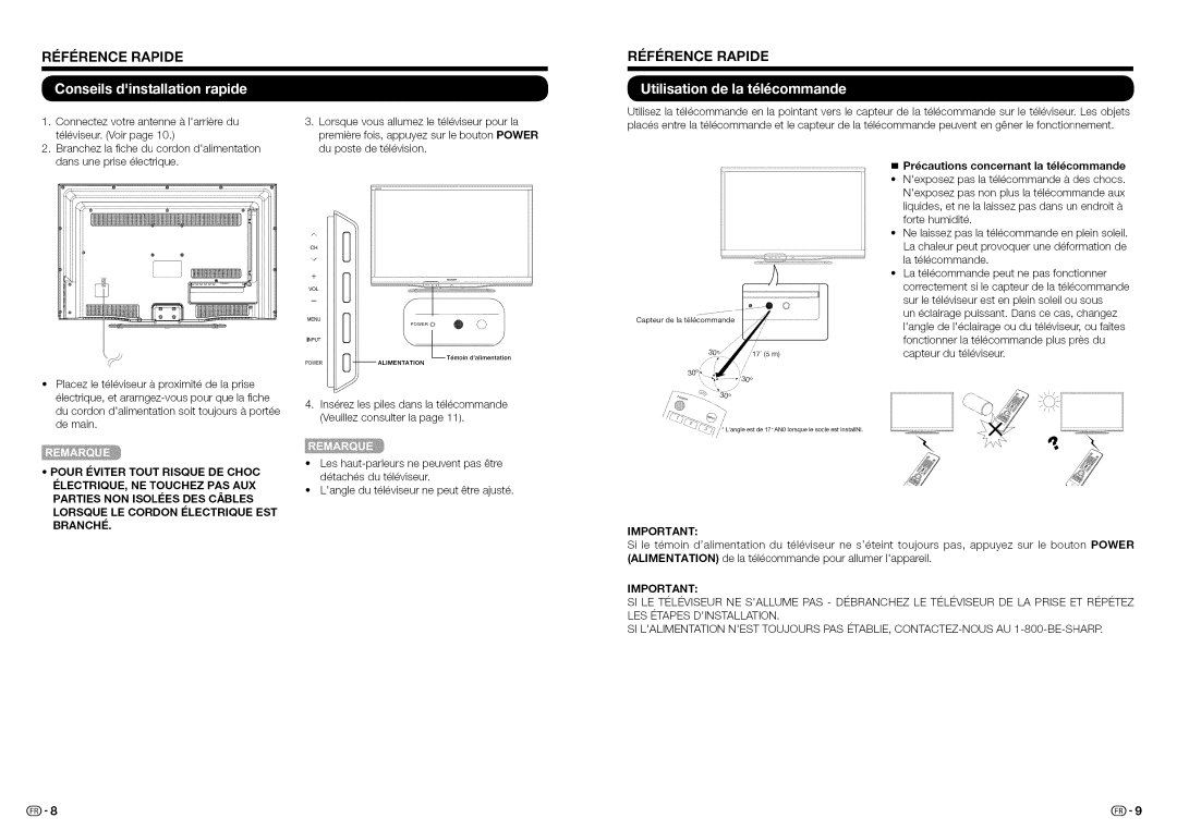 Sharp LC32LE450U, LC-32LE450U operation manual Rifirence Rapide, Precautions concernant la telecommande 