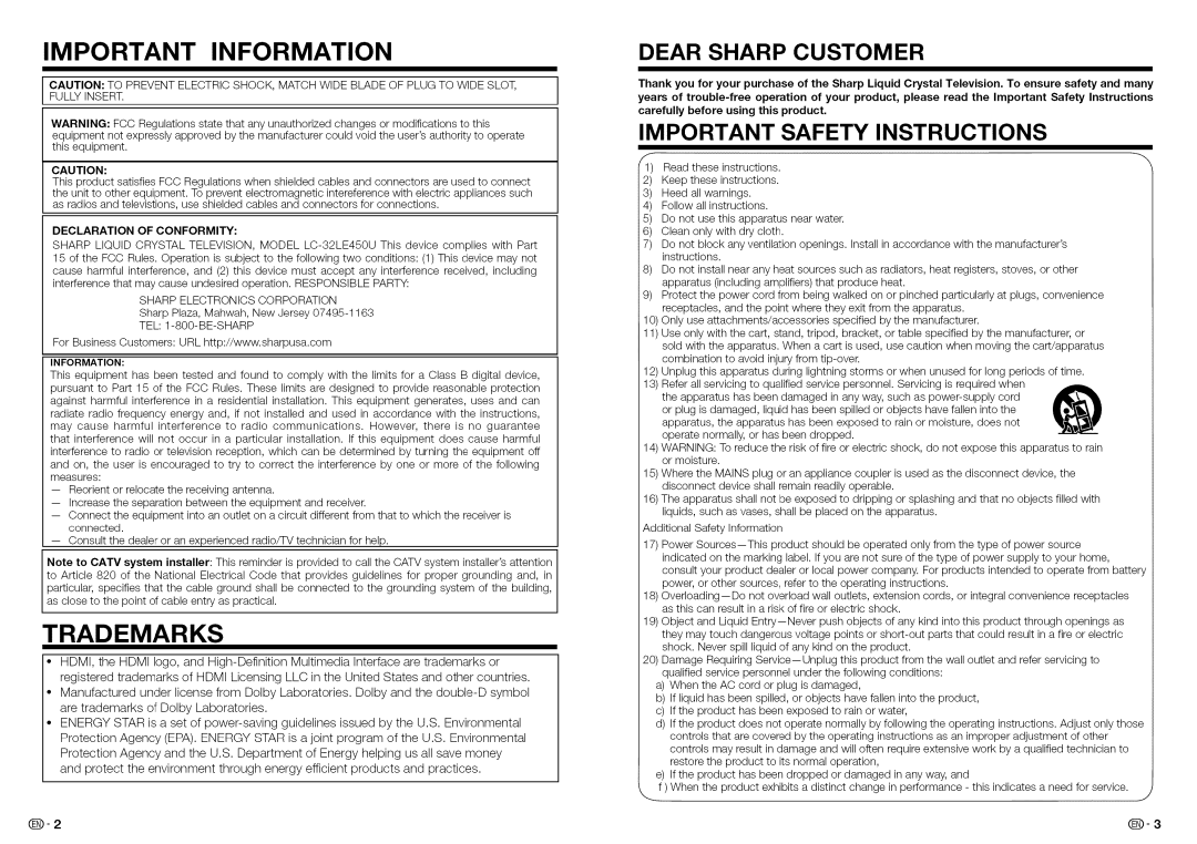 Sharp LC32LE450U Trademarks, Declaration of Conformity, Sharp Electronics Corporation, TEL 1-800-BE-SHARP, Information 