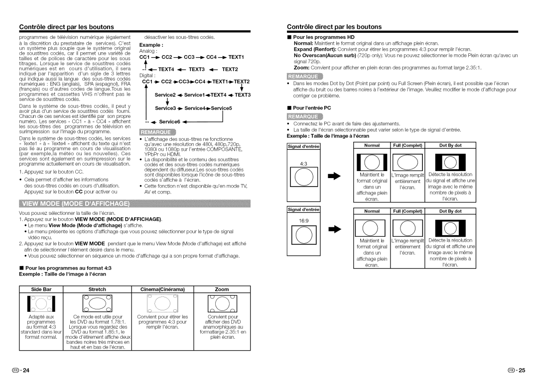 Sharp LC32LE450U, LC-32LE450U TEXT4 41-- TEXT3 4-- TEXT2, Pour les programmes HD, Pour Ientree PC, Signal dentree, Stretch 