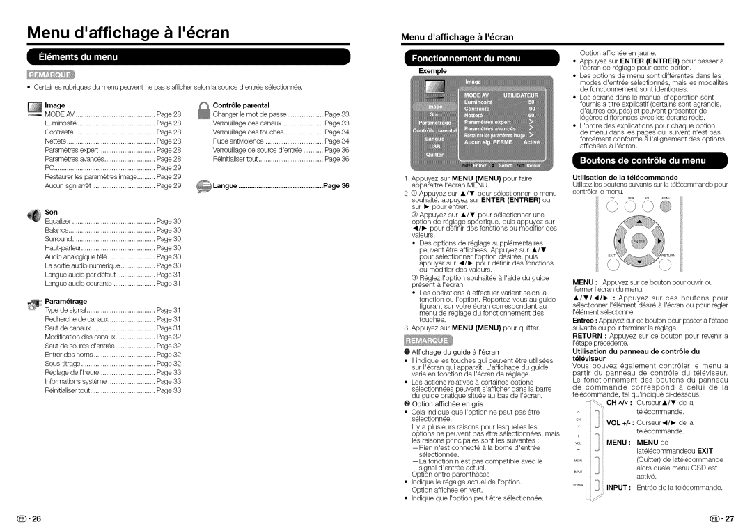 Sharp LC-32LE450U, LC32LE450U operation manual Menu daffichage a Iecran 