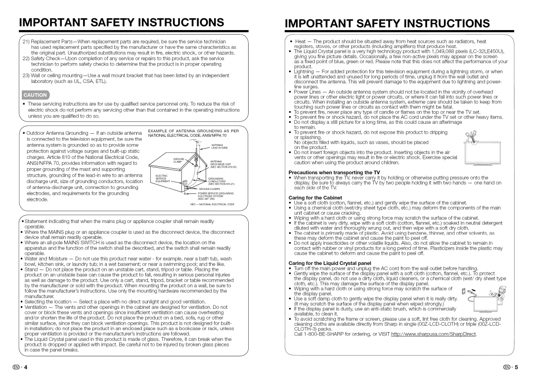 Sharp LC-32LE450U, LC32LE450U Important Safety Instructions, Precautions when transporting, Caring for the Cabinet 