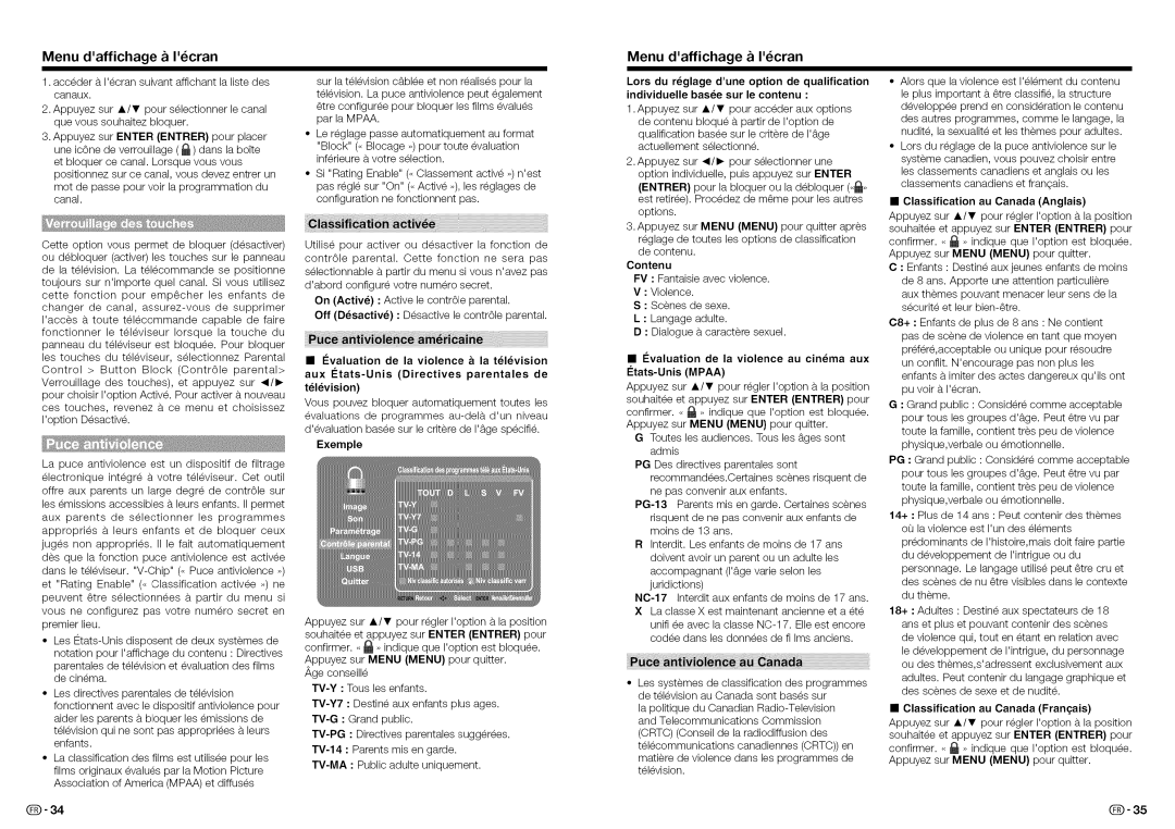 Sharp LC-32LE450U Contenu, Evaluation de la violence au cinema aux Etats-Unis Mpaa, Classification au Canada Anglais 