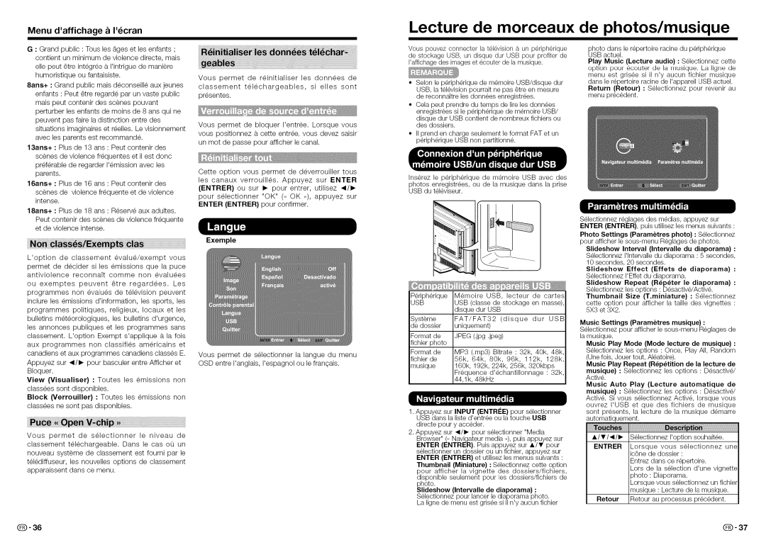 Sharp LC32LE450U, LC-32LE450U Lecture de morceaux de photos/musique, Play Music Lecture audio Selectionnez cette 