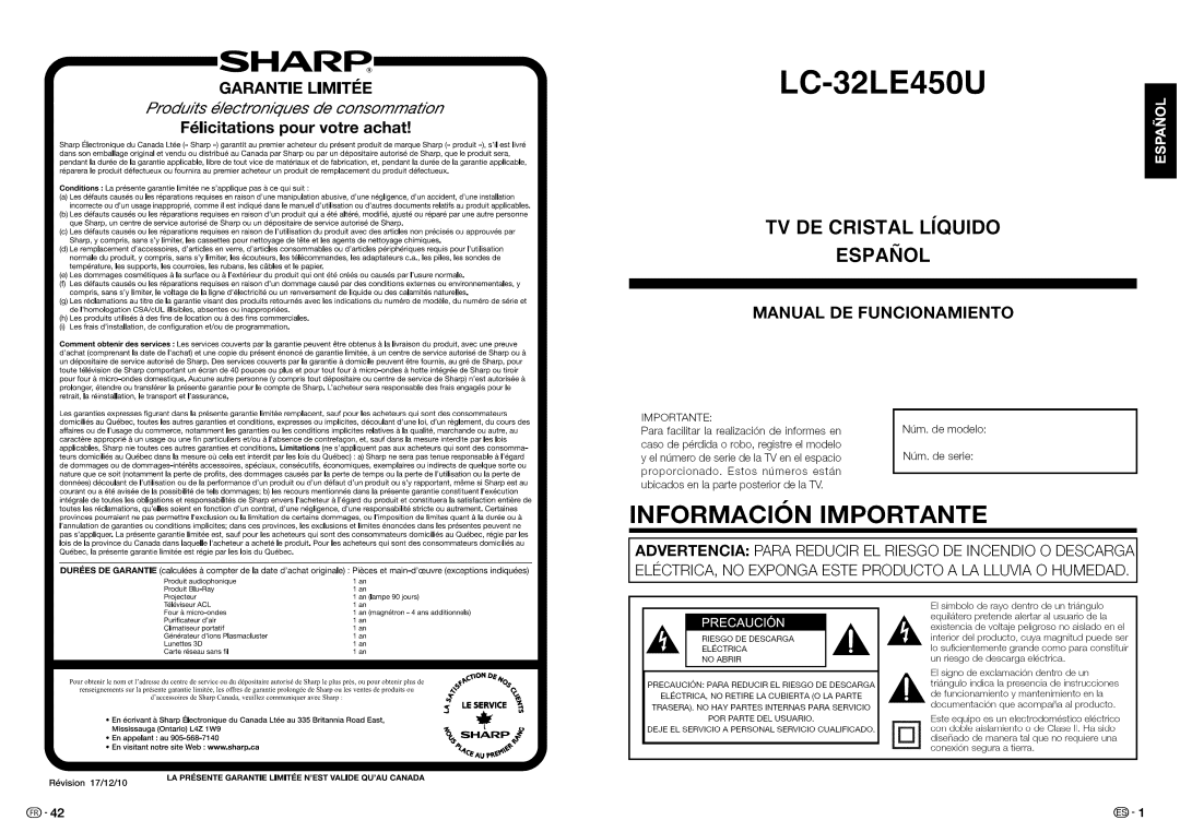 Sharp LC-32LE450U, LC32LE450U operation manual Informacion Importante 