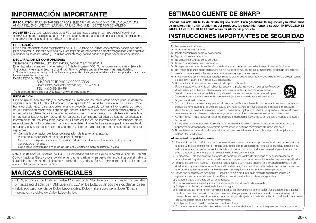 Sharp LC32LE450U, LC-32LE450U operation manual Marcas Comerciales, Preoaucion, Declaracion DE Conformidad 