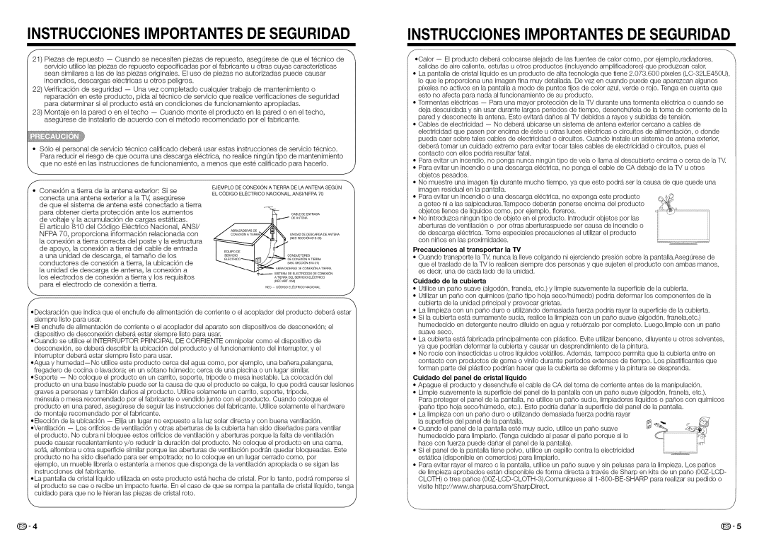 Sharp LC-32LE450U Instruccionesimportantesde Seguridad, Precauciones al transportar la TV, Cuidado de la cubierta 