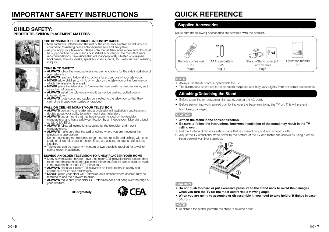 Sharp LC32LE450U, LC-32LE450U operation manual Quick Reference, Tune in to Safety, Wall or Ceiling Mount Your Television 