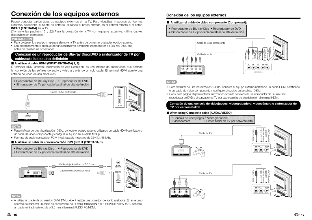 Sharp LC-32LE450U, LC32LE450U operation manual Conexibn de los equipos externos, Conexion de los equipos externos 