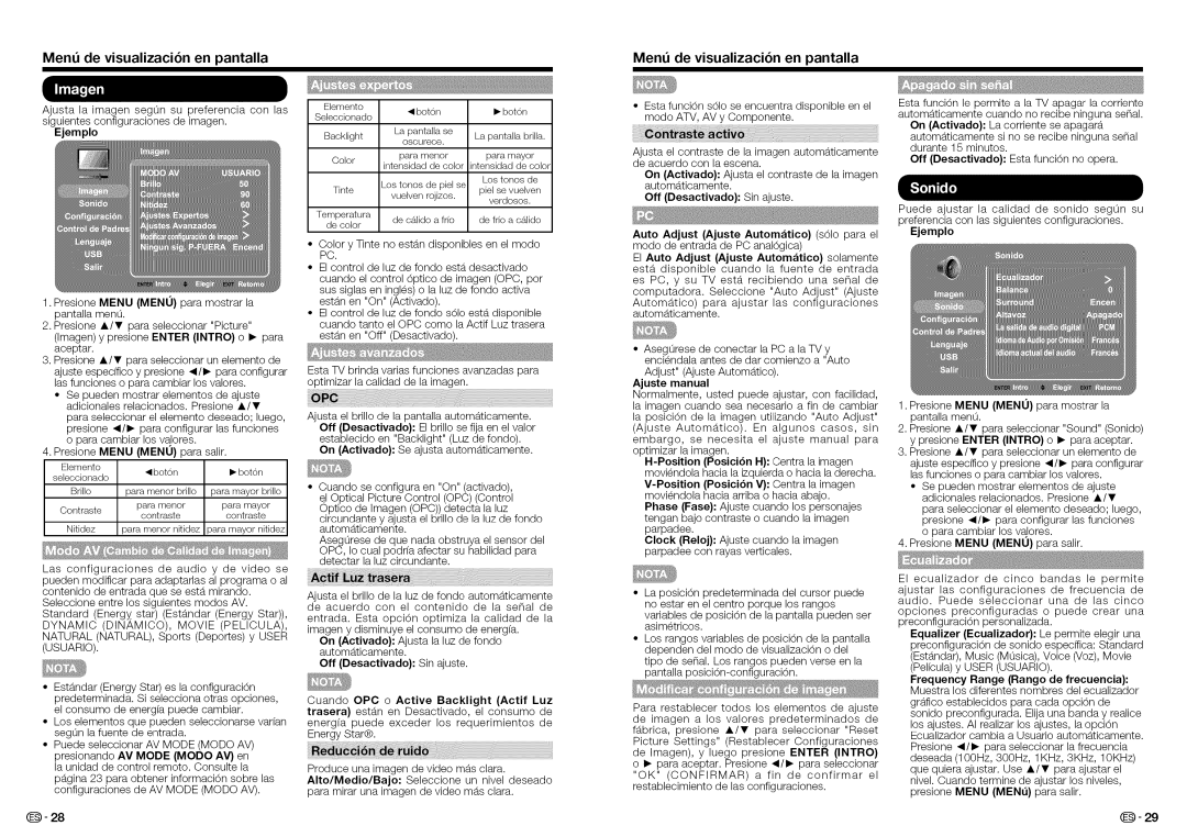 Sharp LC-32LE450U Ejemplo, Dynamic DINAMICO, Movie Pelicula, Ajuste manual, Equalizer Ecualizador Le permite elegir una 