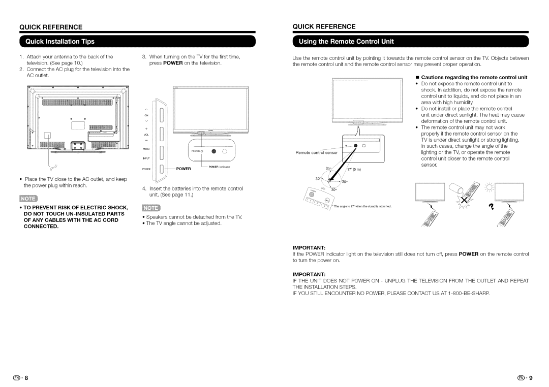 Sharp LC-32LE450U, LC32LE450U operation manual Quick Reference, Power 