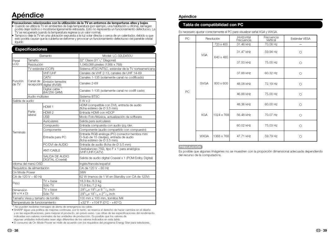 Sharp LC32LE450U, LC-32LE450U operation manual Apendice, Btsc, Hdcp, VHF/UHF/CATV Salida DE Audio 