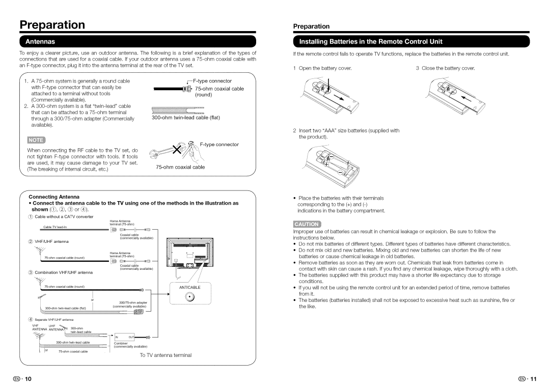 Sharp LC32LE450U, LC-32LE450U operation manual Preparation, Connecting Antenna 