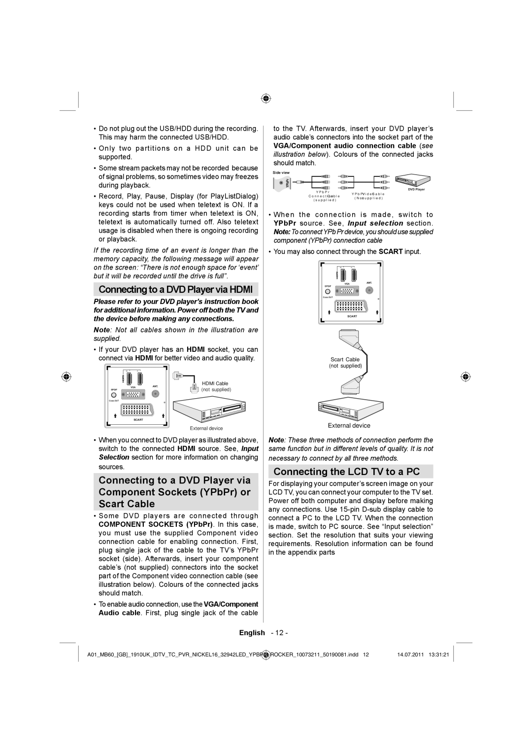 Sharp LC-32LE510E operation manual Connecting the LCD TV to a PC, Or playback 